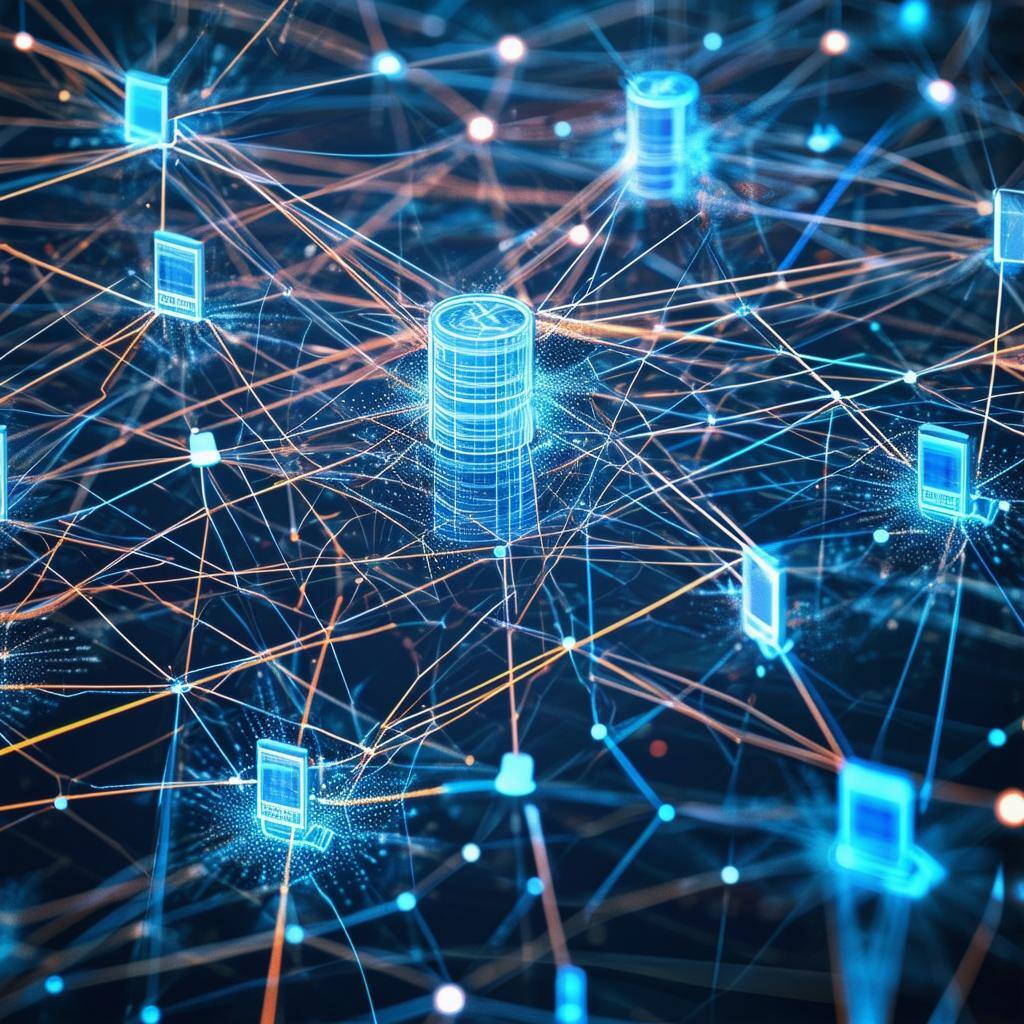 A network connecting computers, databases, documents, and media viewed on an angle from above-1